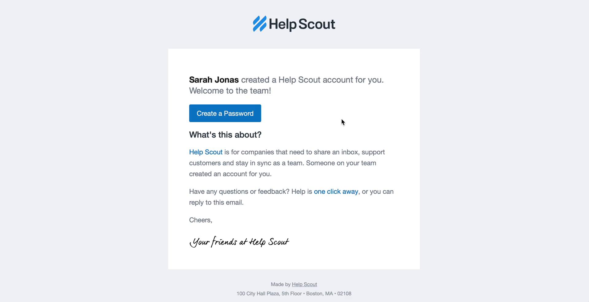 Screenshot of Invite email on Accepting an invite on Help Scout user flow