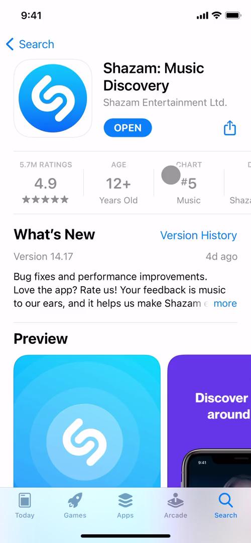 Screenshot of App store listing on Onboarding on Shazam user flow