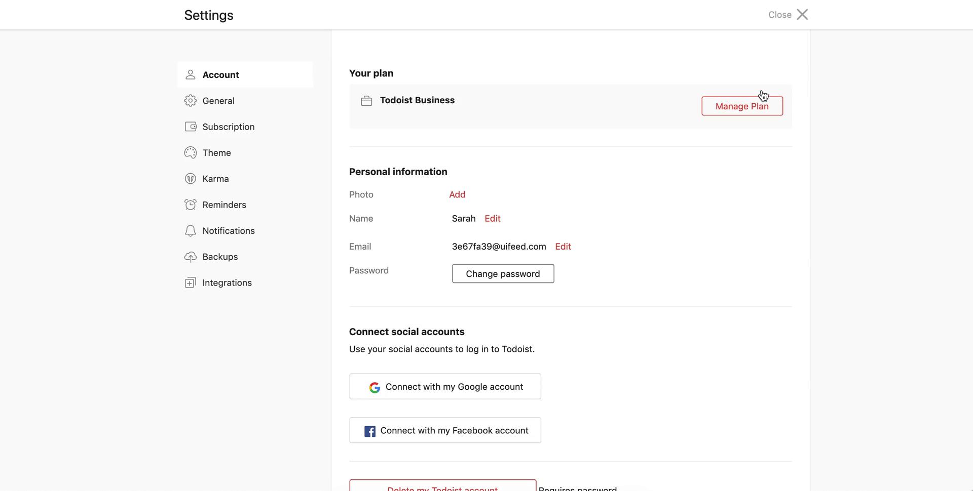 Screenshot of Account settings on Cancelling your subscription on Todoist user flow