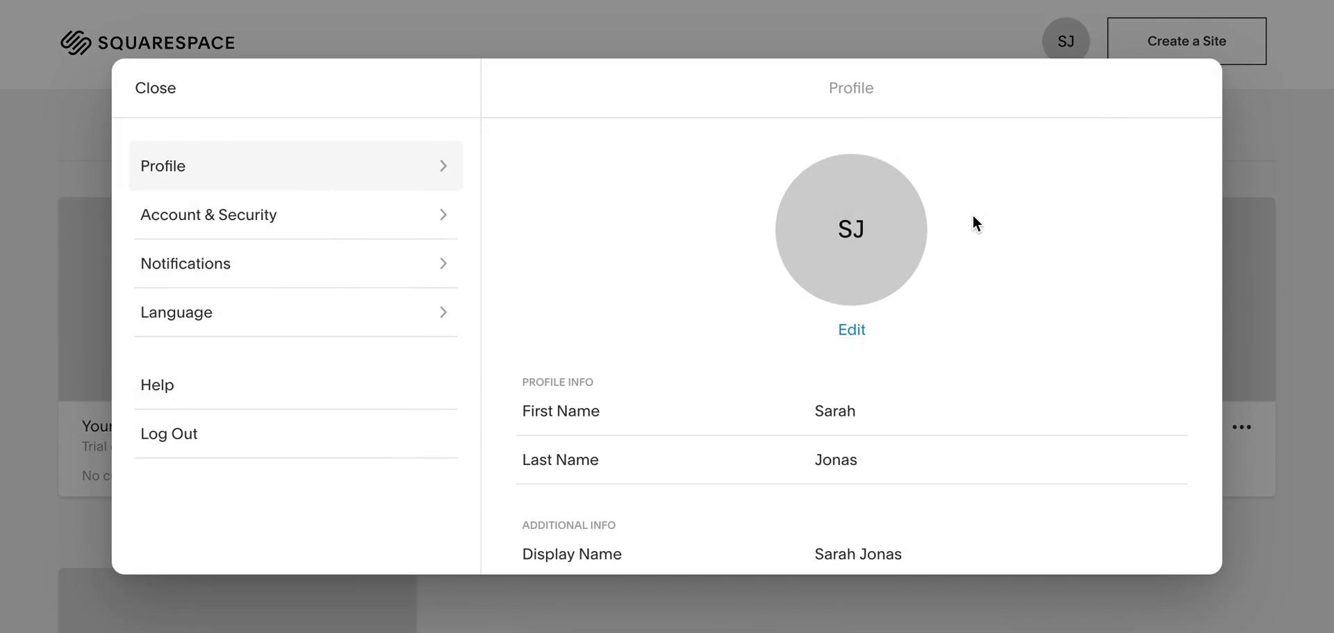 Screenshot of Profile on General browsing on Squarespace user flow