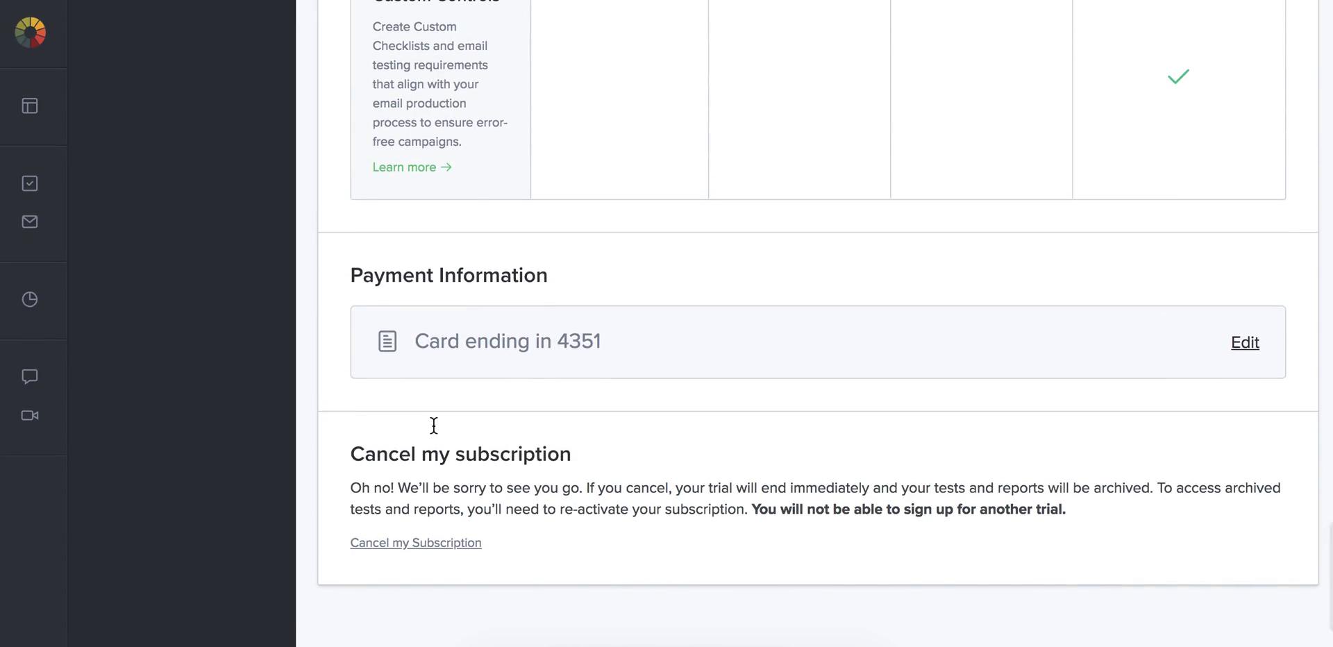Screenshot of on Cancelling your subscription on Litmus user flow
