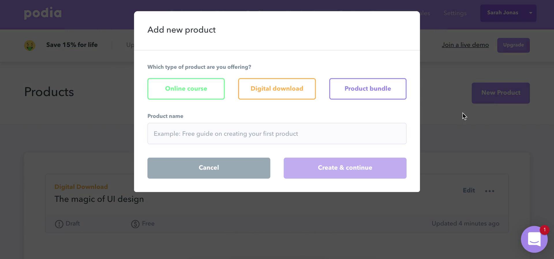 Screenshot of Create product on Creating a course on Podia user flow