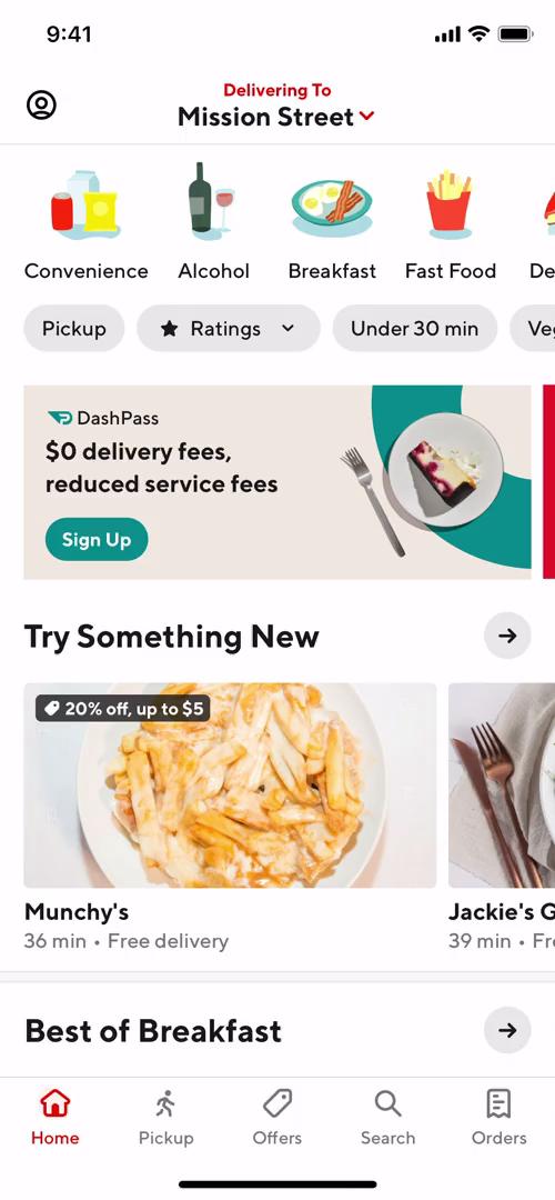 Screenshot of Home on Ordering food on DoorDash user flow