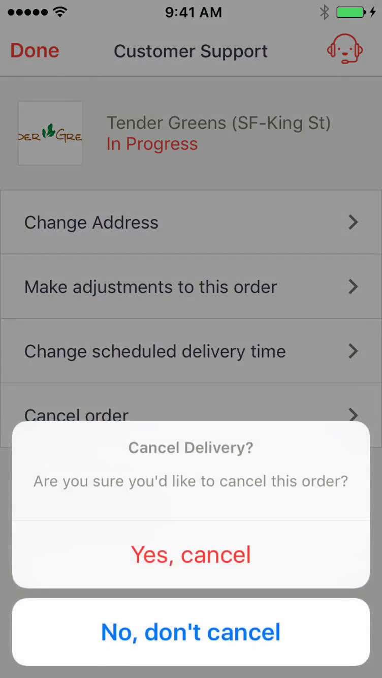 Cancelling an order screenshot