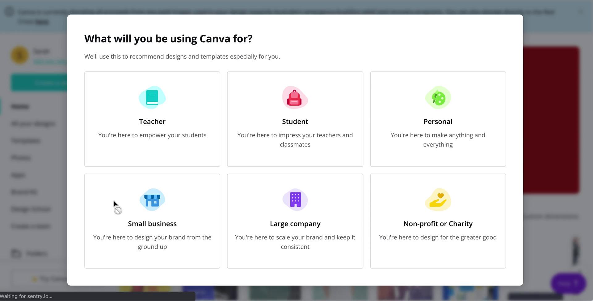Screenshot of Select usage type on Onboarding on Canva user flow