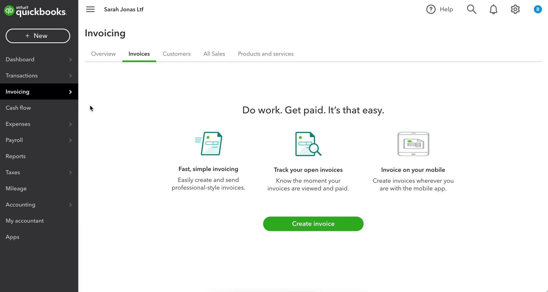 Screenshot of Invoicing on Creating an invoice on QuickBooks user flow