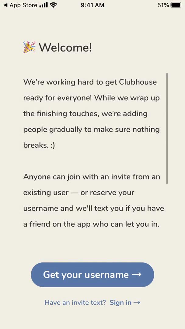 Screenshot of Welcome on Accepting an invite on Clubhouse user flow