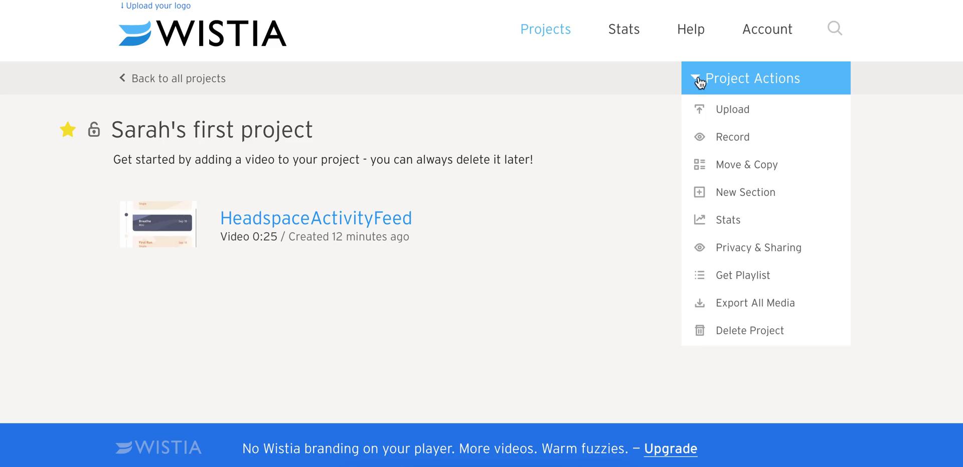 Screenshot of Project dashboard on General browsing on Wistia user flow