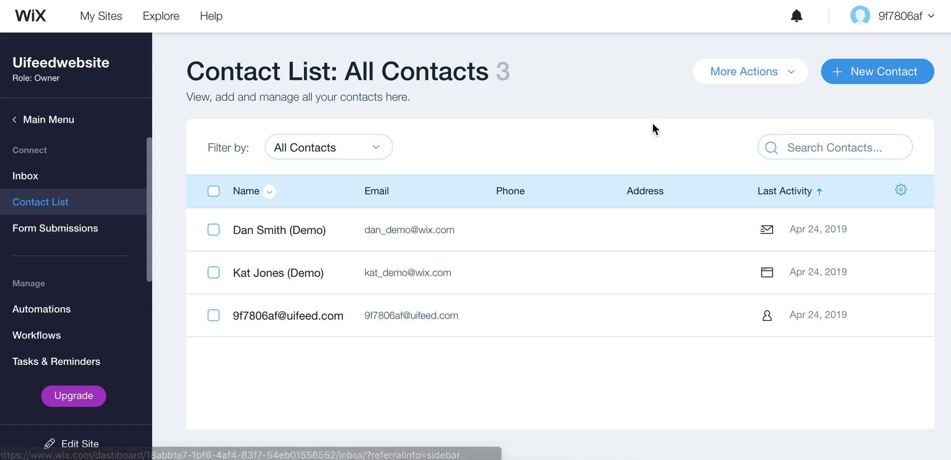 Screenshot of Contacts on CRM on Wix user flow