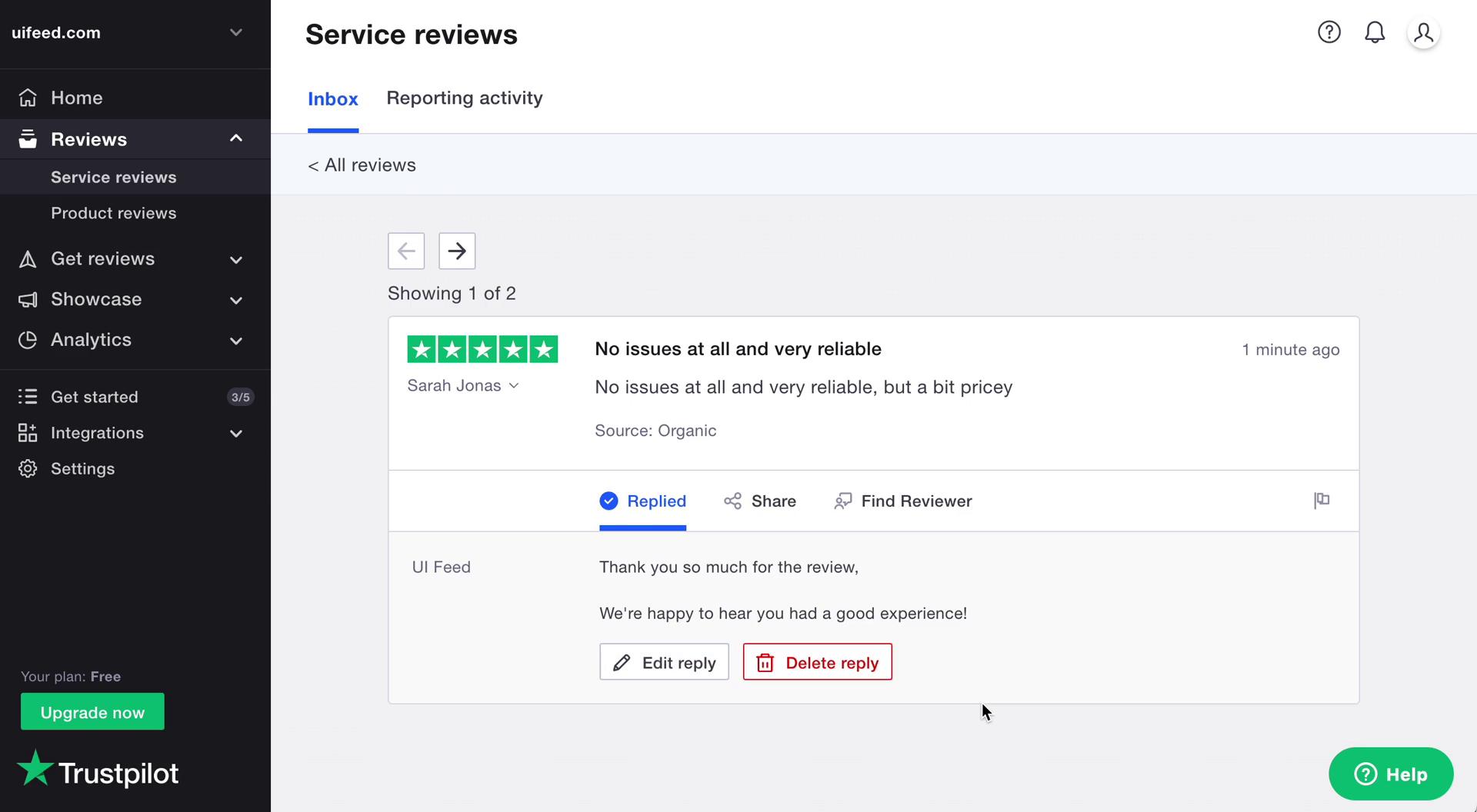 Managing feedback screenshot