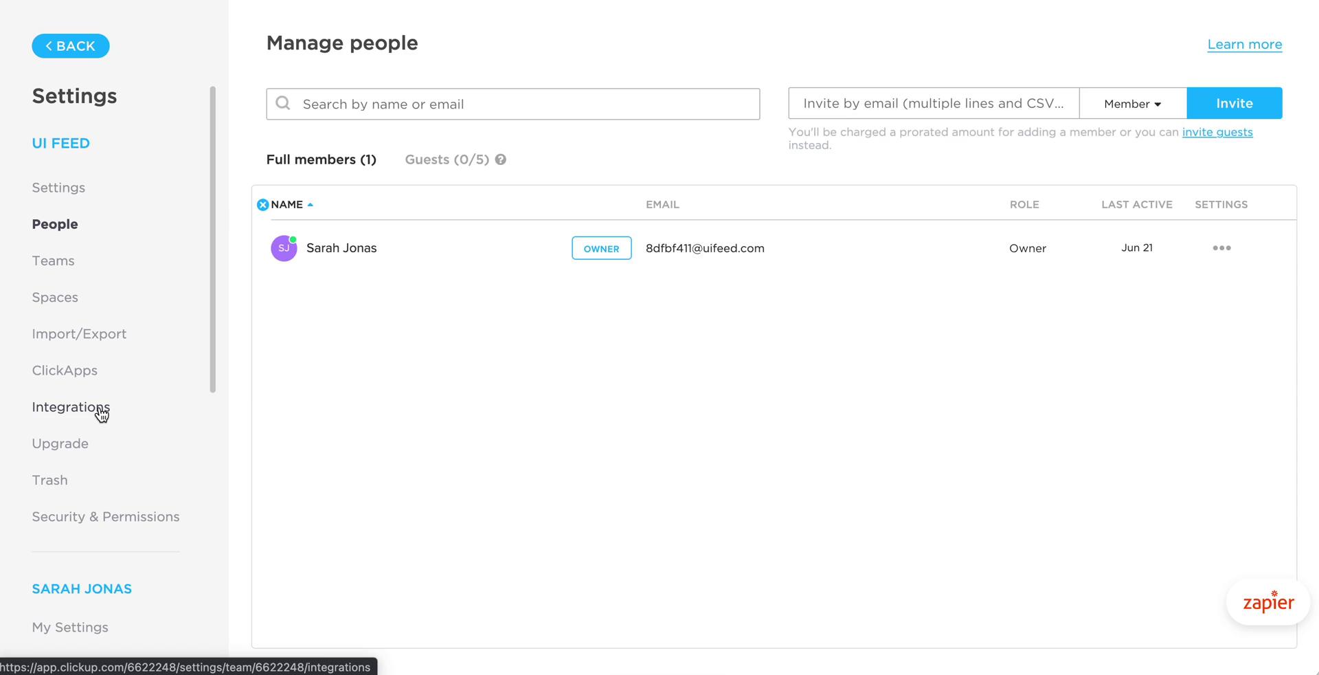 Screenshot of People on Inviting people on ClickUp user flow