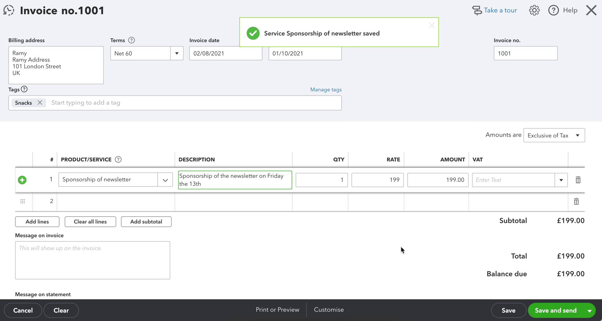 Creating an invoice screenshot