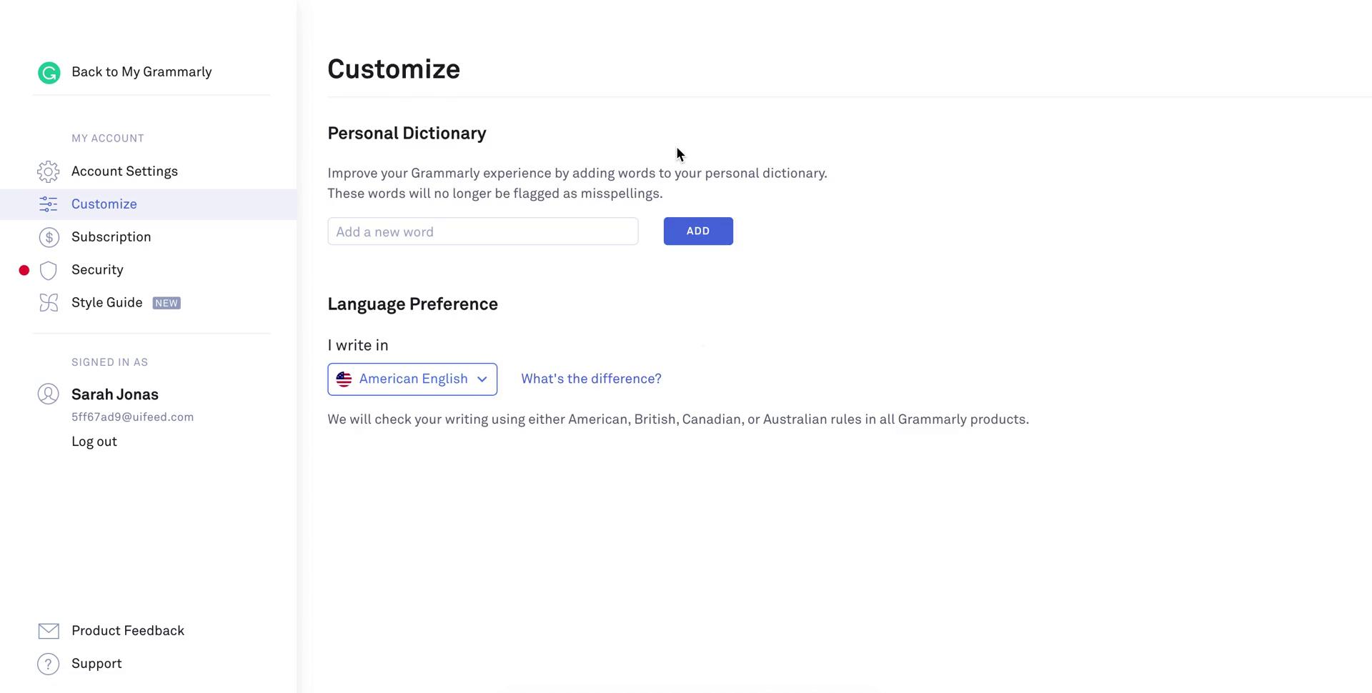 Screenshot of Customization settings on Settings on Grammarly user flow