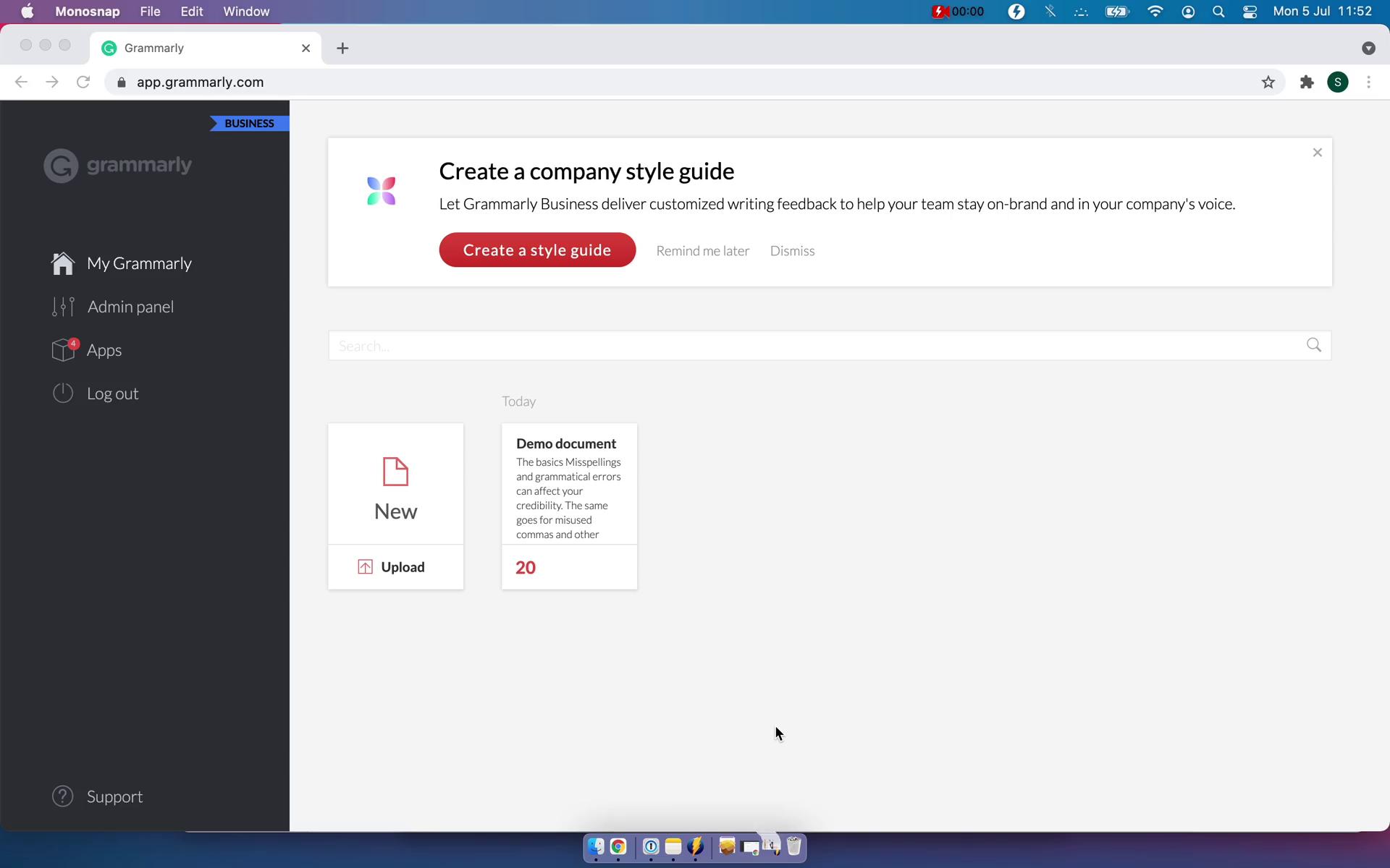 Screenshot of Dashboard on Creating a document on Grammarly user flow