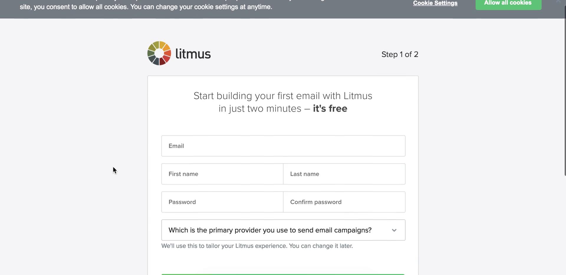 Screenshot of on Creating an account on Litmus user flow
