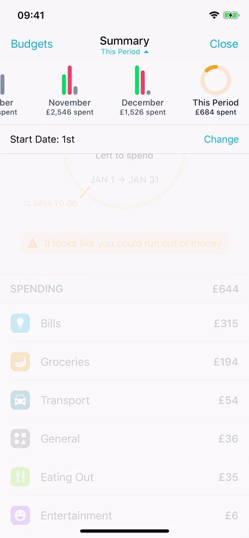Screenshot of Select period on Analytics/Stats on Monzo user flow