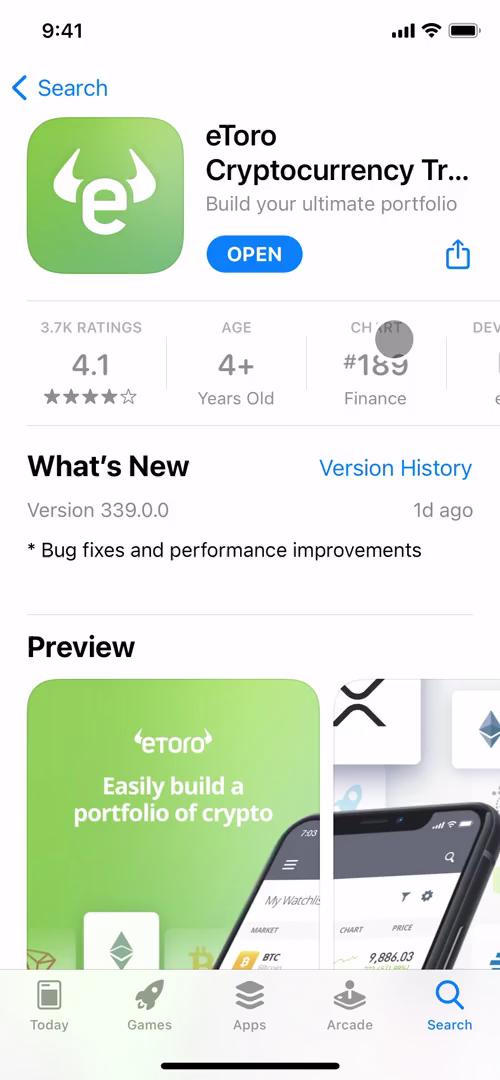 Screenshot of App store listing on Onboarding on eToro user flow