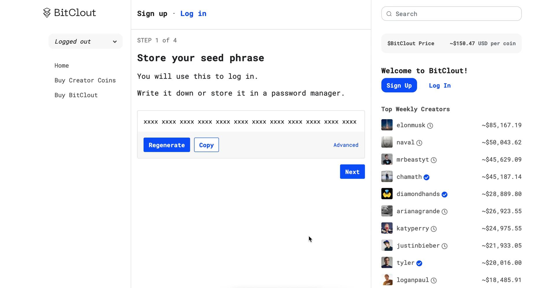 BitClout store seed phrase screenshot