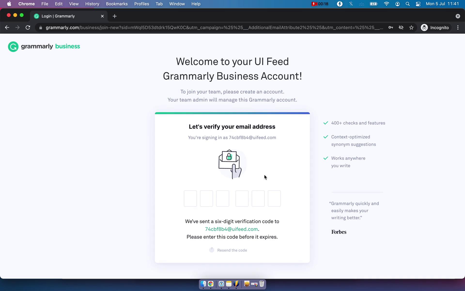 Screenshot of Verify email on Accepting an invite on Grammarly user flow