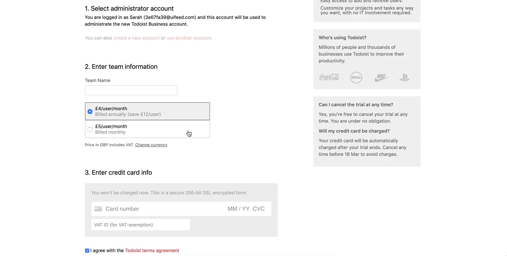Screenshot of Add payment details on Upgrading your account on Todoist user flow