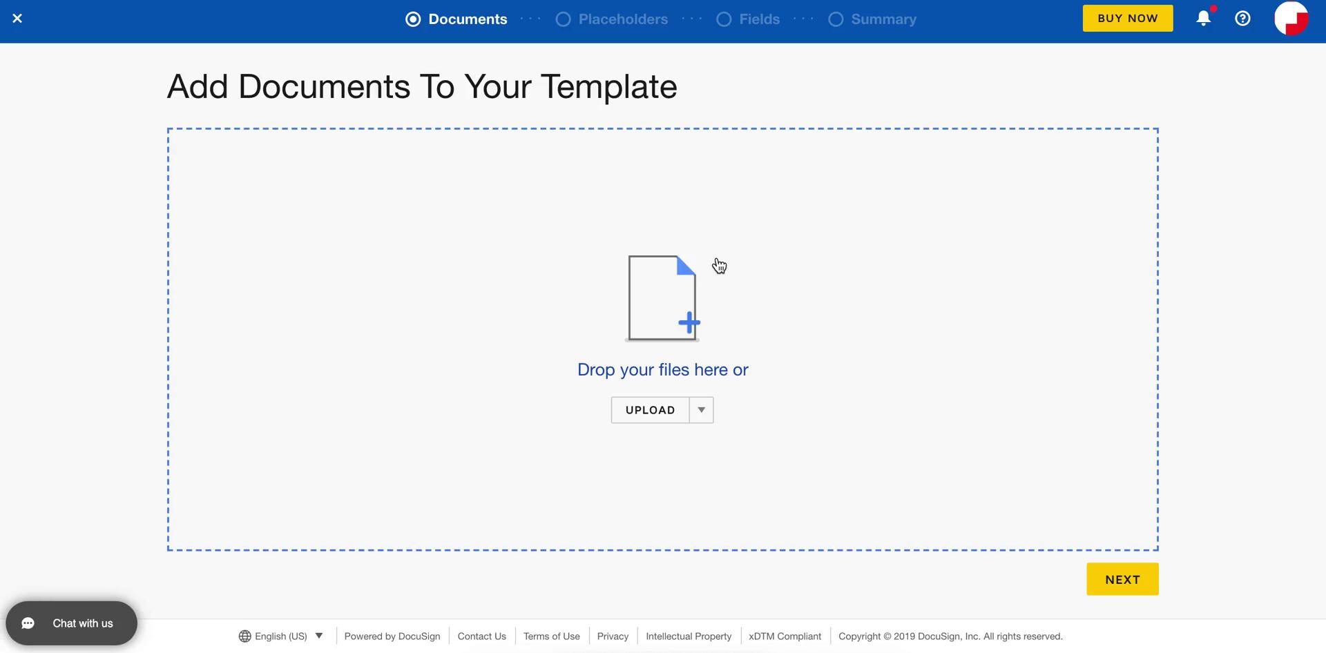 Screenshot of Add documents on Creating a template on DocuSign user flow