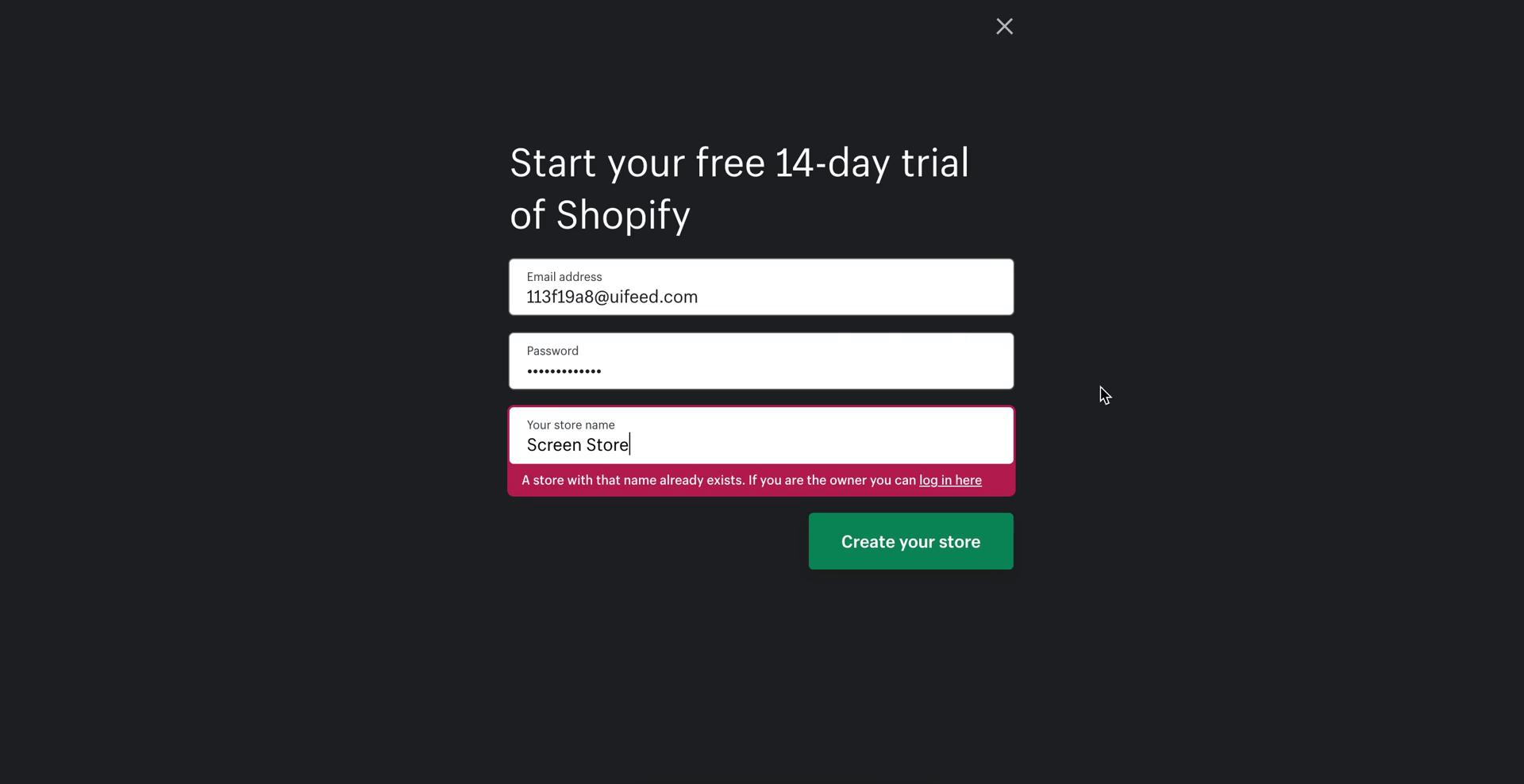 Shopify name unavailable screenshot