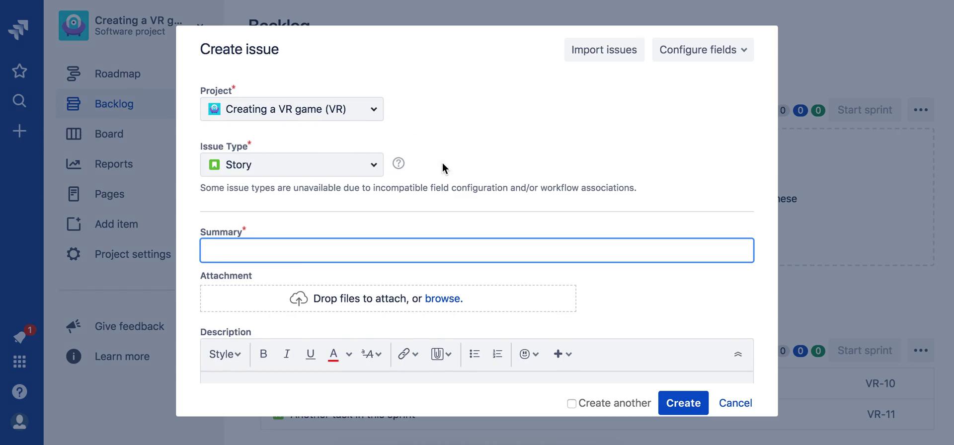 how to create task under story in jira