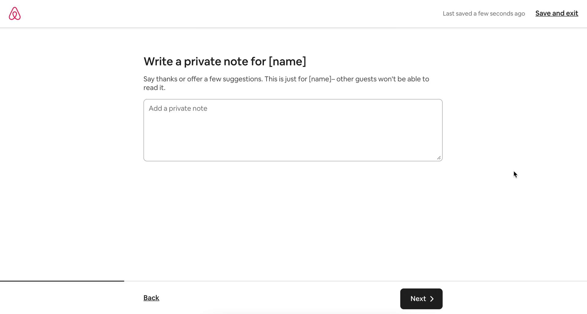 Screenshot of Write private note on Leaving a review on Airbnb user flow