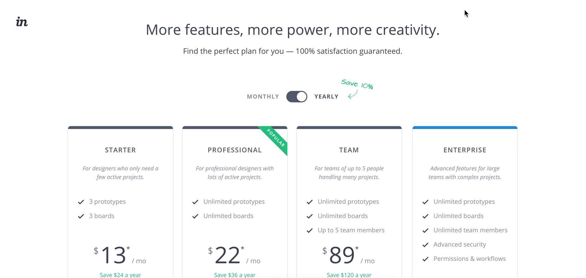 Screenshot of Pricing & plans on Upgrading your account on InVision user flow