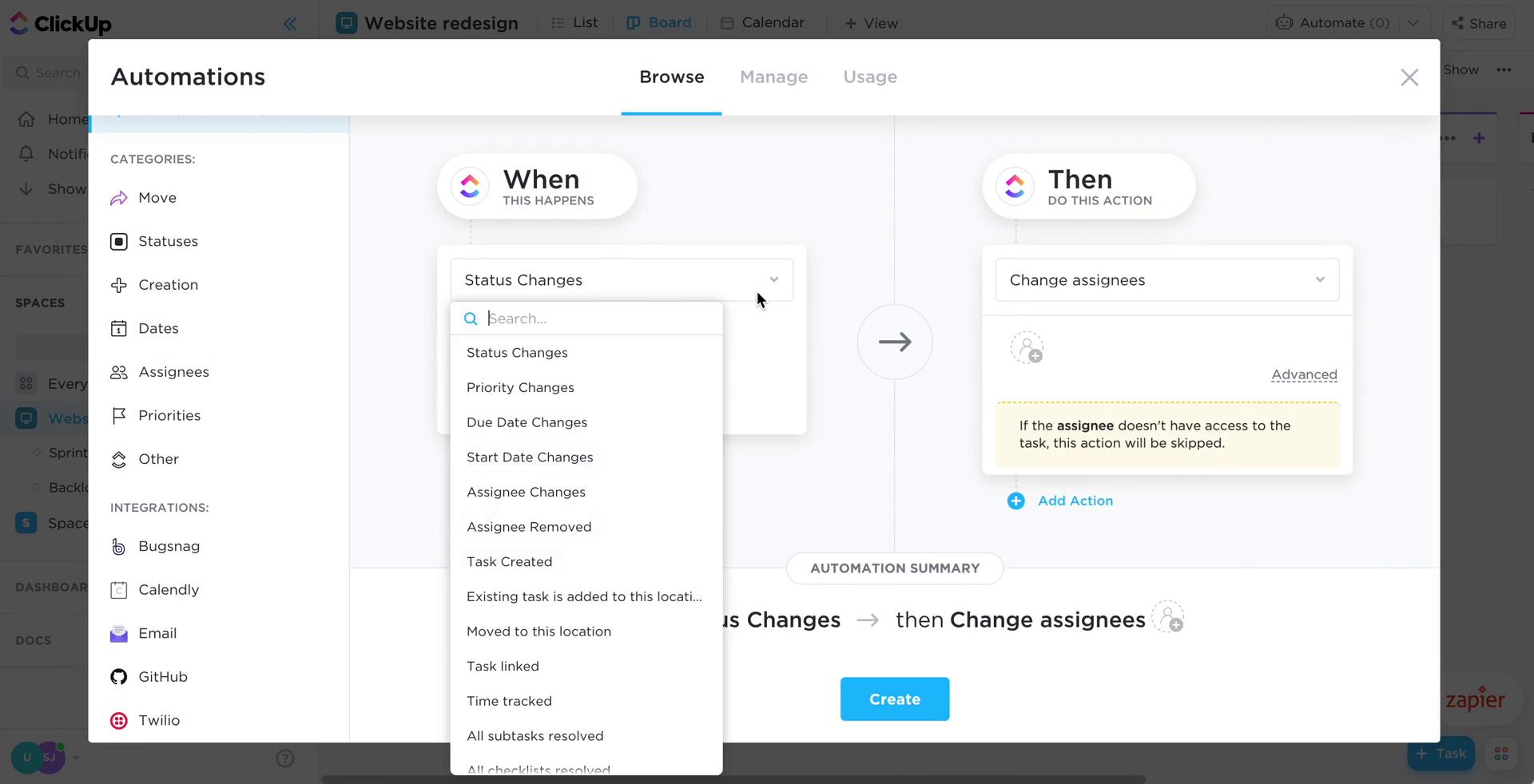 Creating an automation workflow screenshot