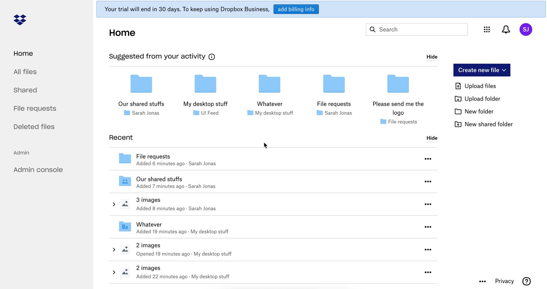 Screenshot of Home on Downgrading your account on Dropbox user flow