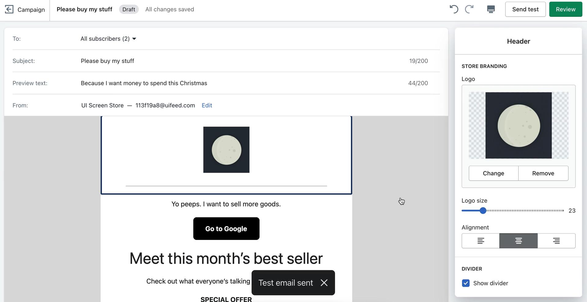 Creating an email campaign screenshot