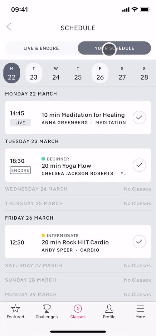 Peloton your schedule screenshot