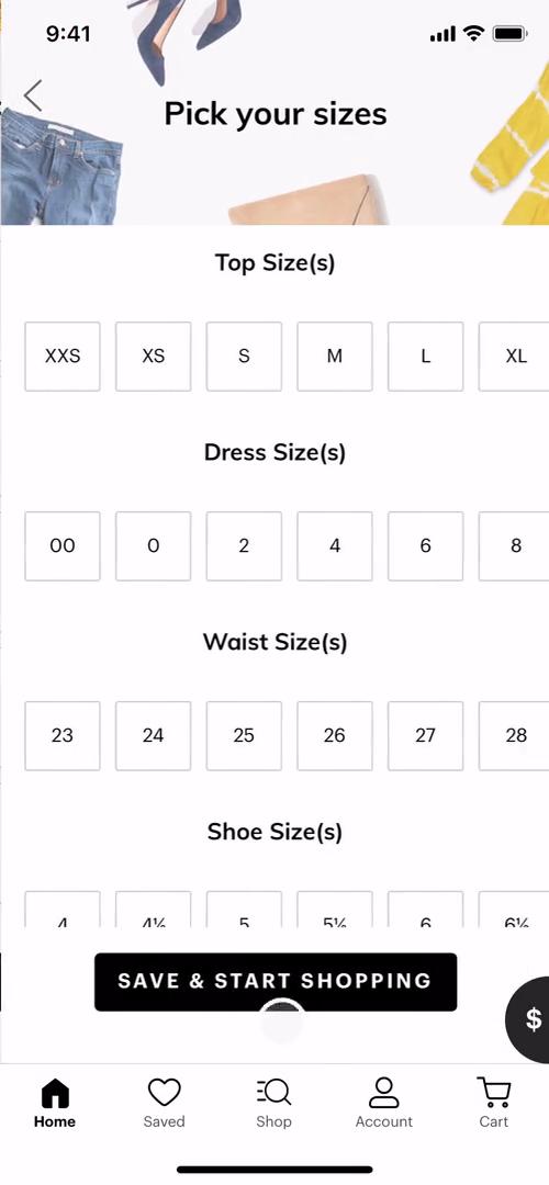 Screenshot of Select size on Buying something on thredUP user flow