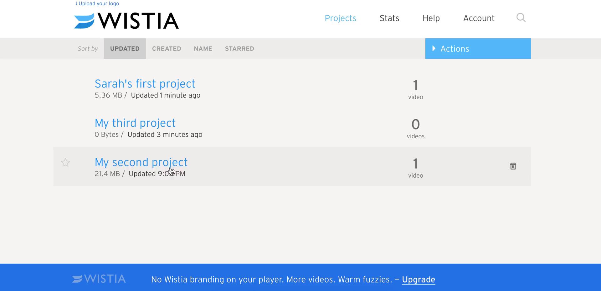 Screenshot of Projects on Editing a video on Wistia user flow