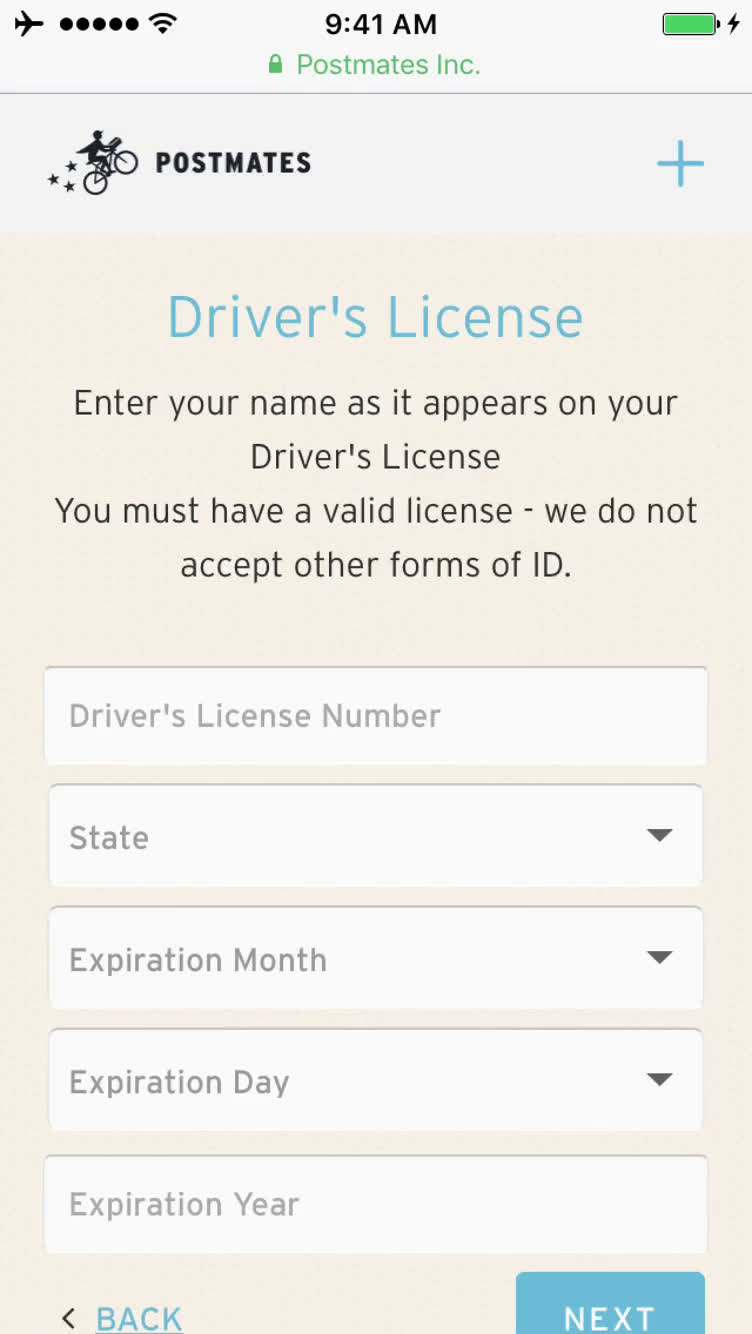 Driver signup screenshot