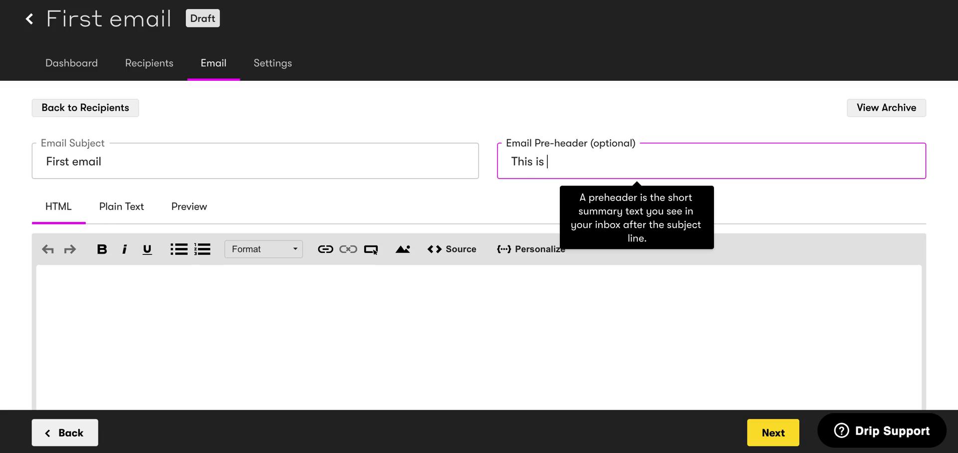 Creating an email campaign screenshot