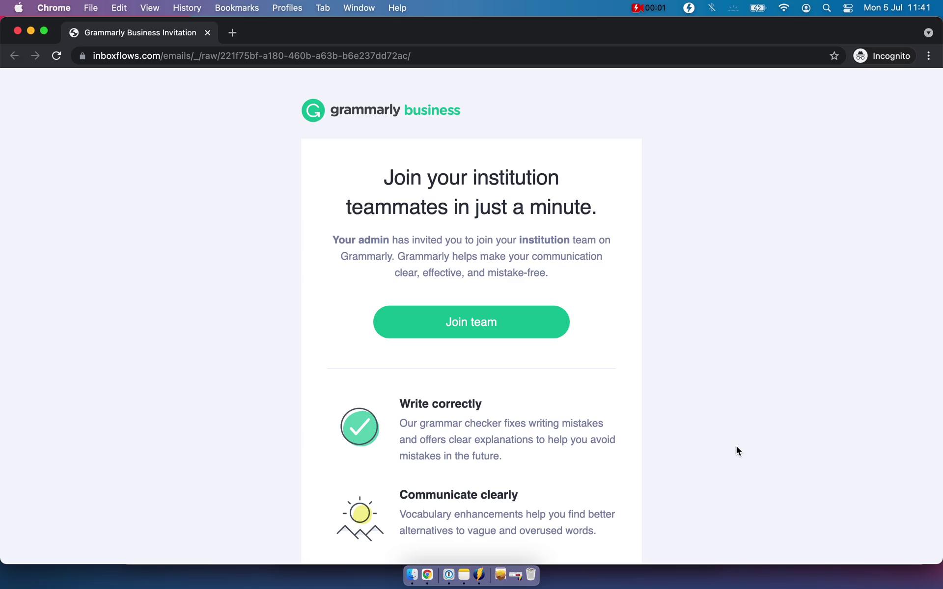 Screenshot of Invite email on Accepting an invite on Grammarly user flow