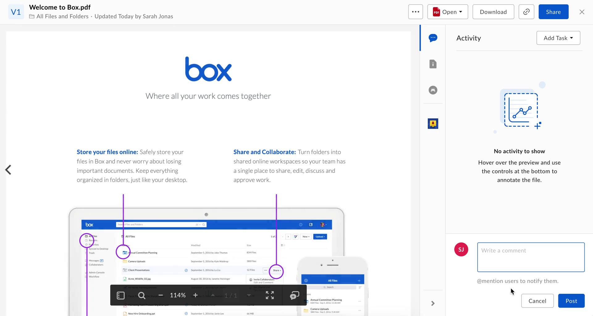 Screenshot of File detail on Commenting on Box user flow