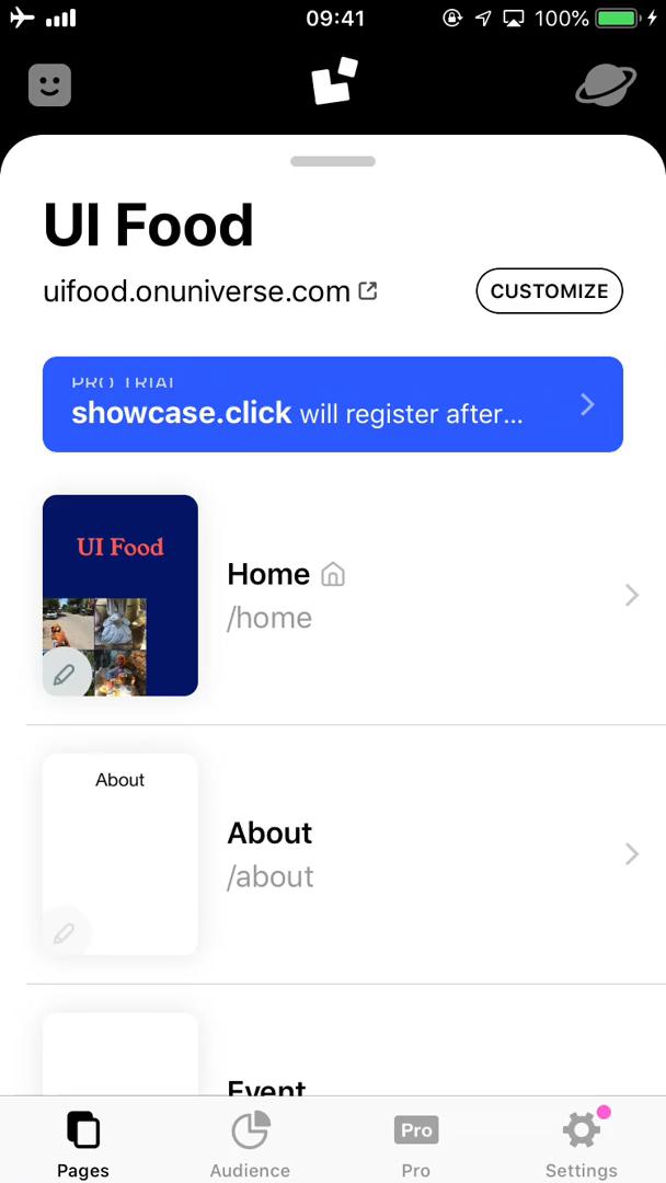Universe website settings screenshot