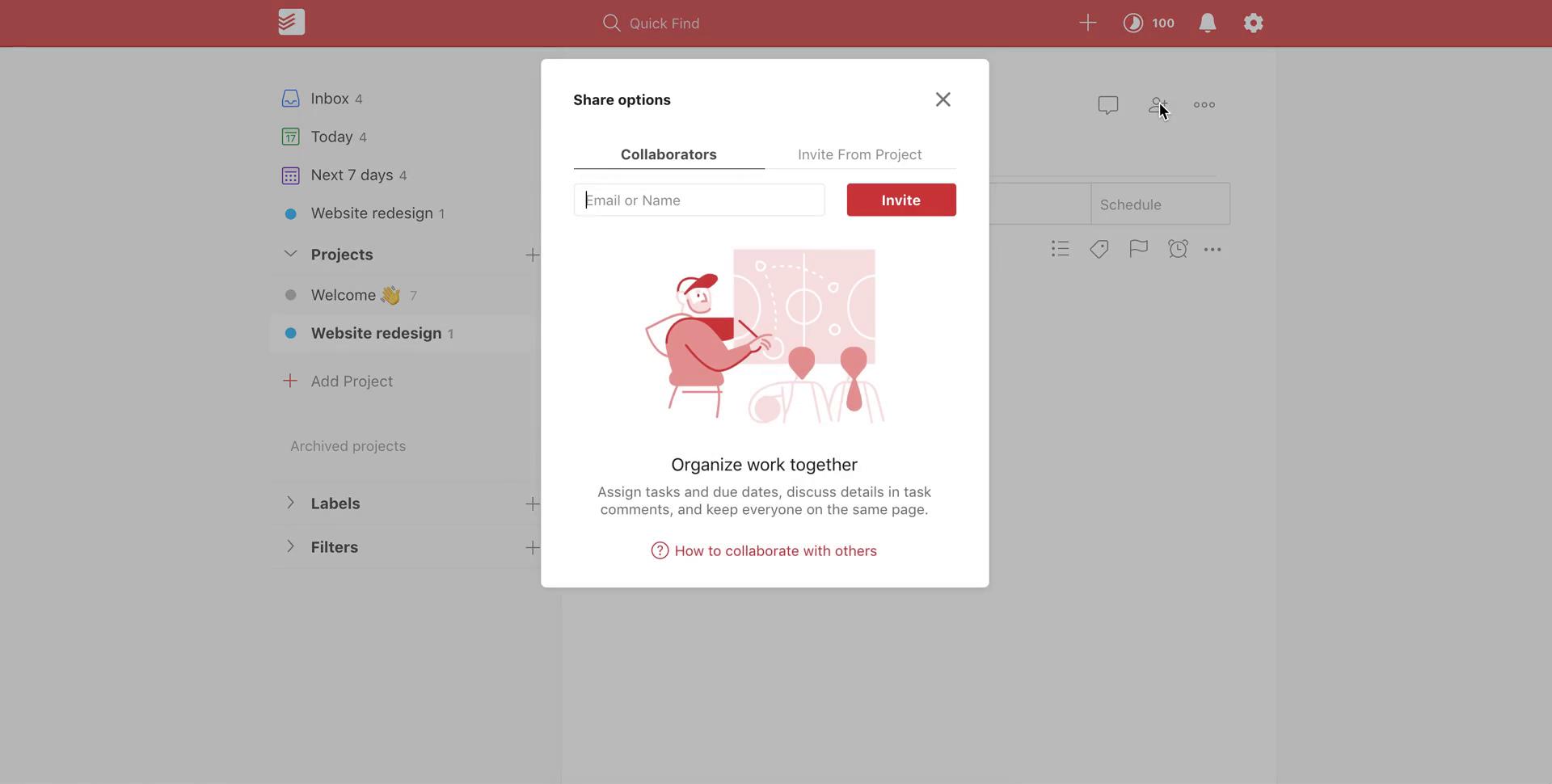 Screenshot of Share menu on Inviting people on Todoist user flow