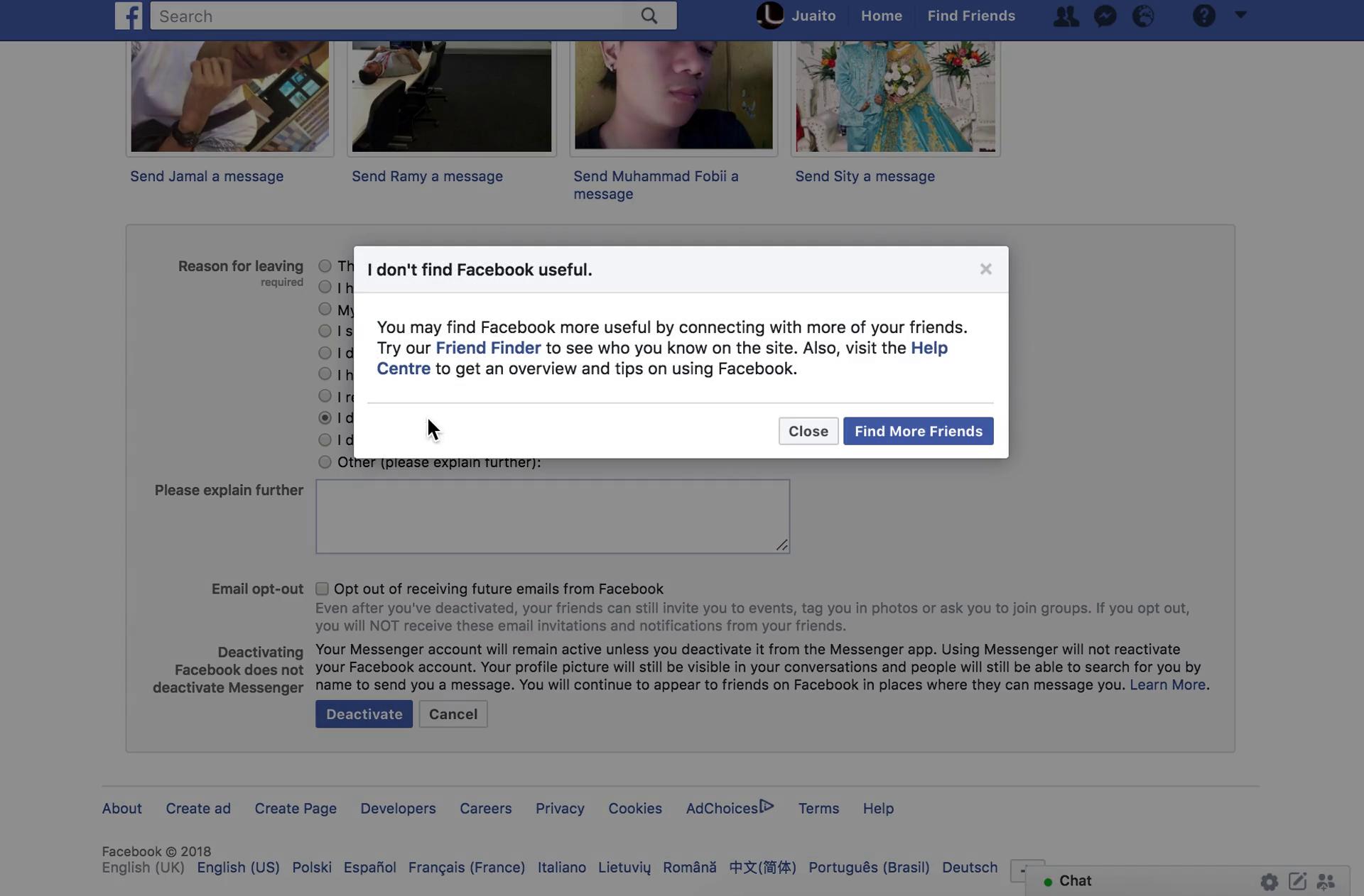 A modal showing a possible solution to our issue with Facebook that's causing us to deactivate
