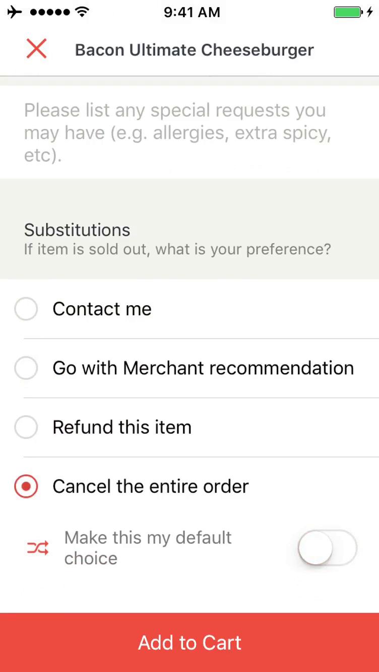 Ordering food screenshot