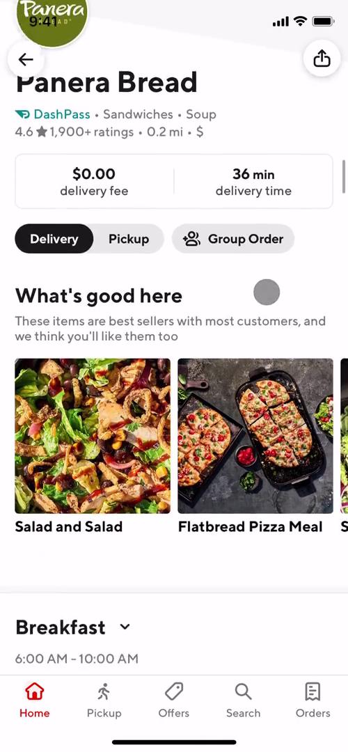 Screenshot of Restaurant details on Ordering food on DoorDash user flow