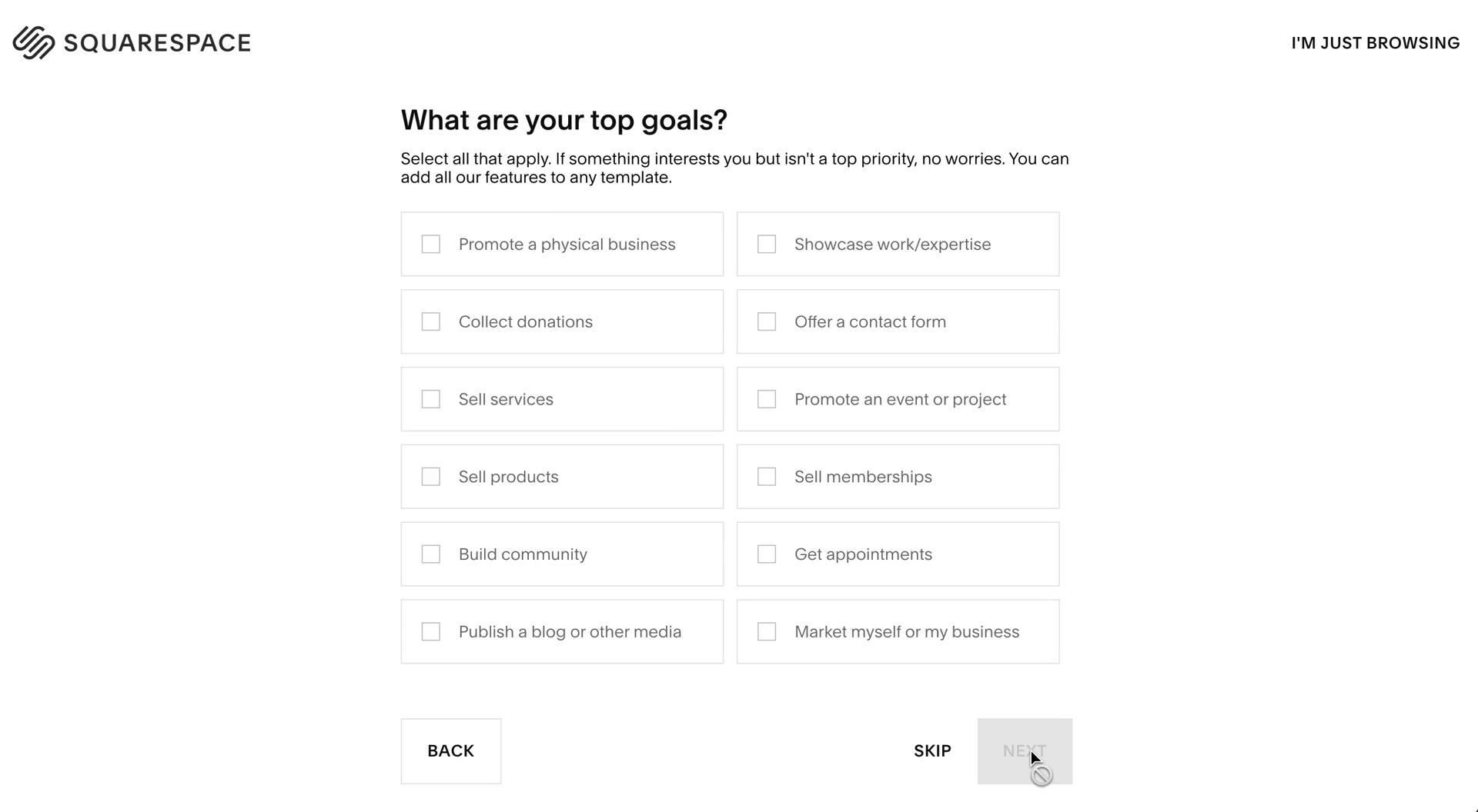 Screenshot of Select goals on Onboarding on Squarespace user flow