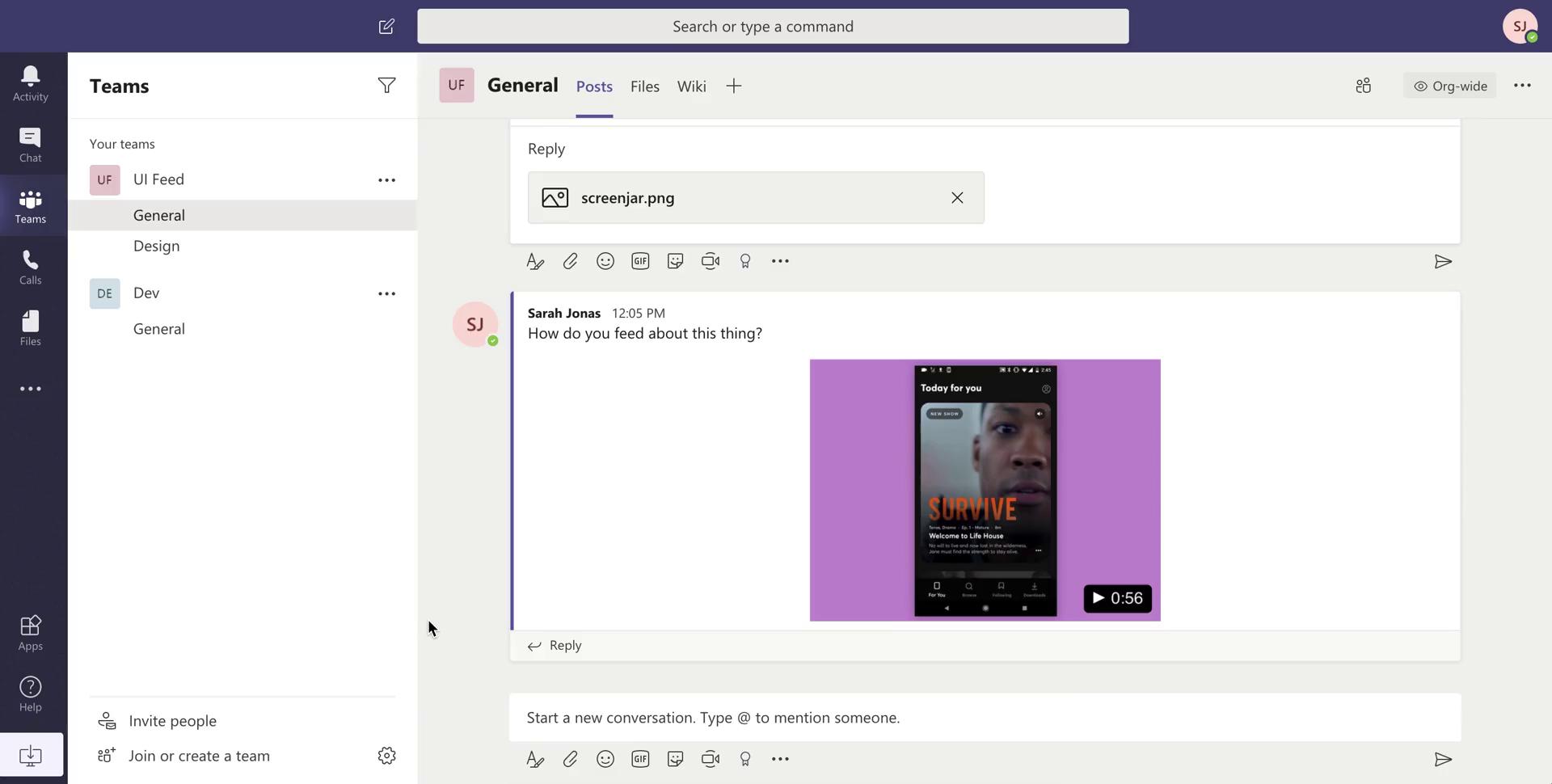 Screenshot of Chat channel on Chat on Microsoft Teams user flow