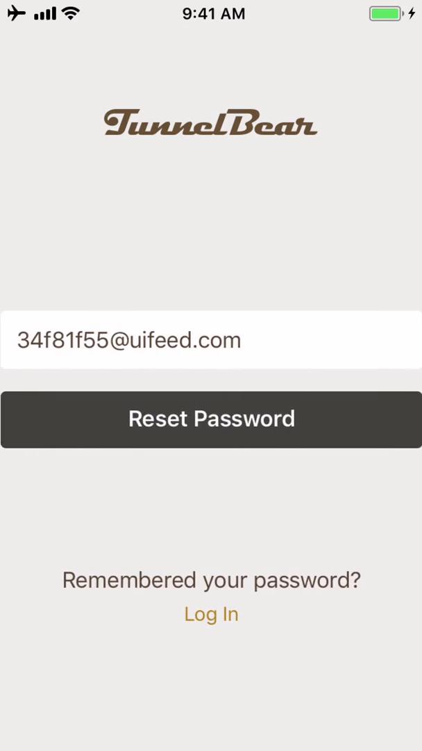 Screenshot of on Password reset on TunnelBear user flow