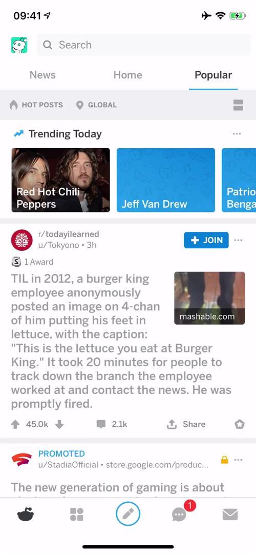 Screenshot of Home feed on Creating a post on Reddit user flow