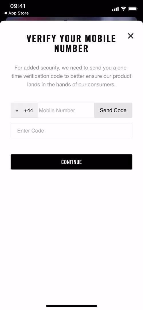 SNKRS by Nike verify phone number screenshot