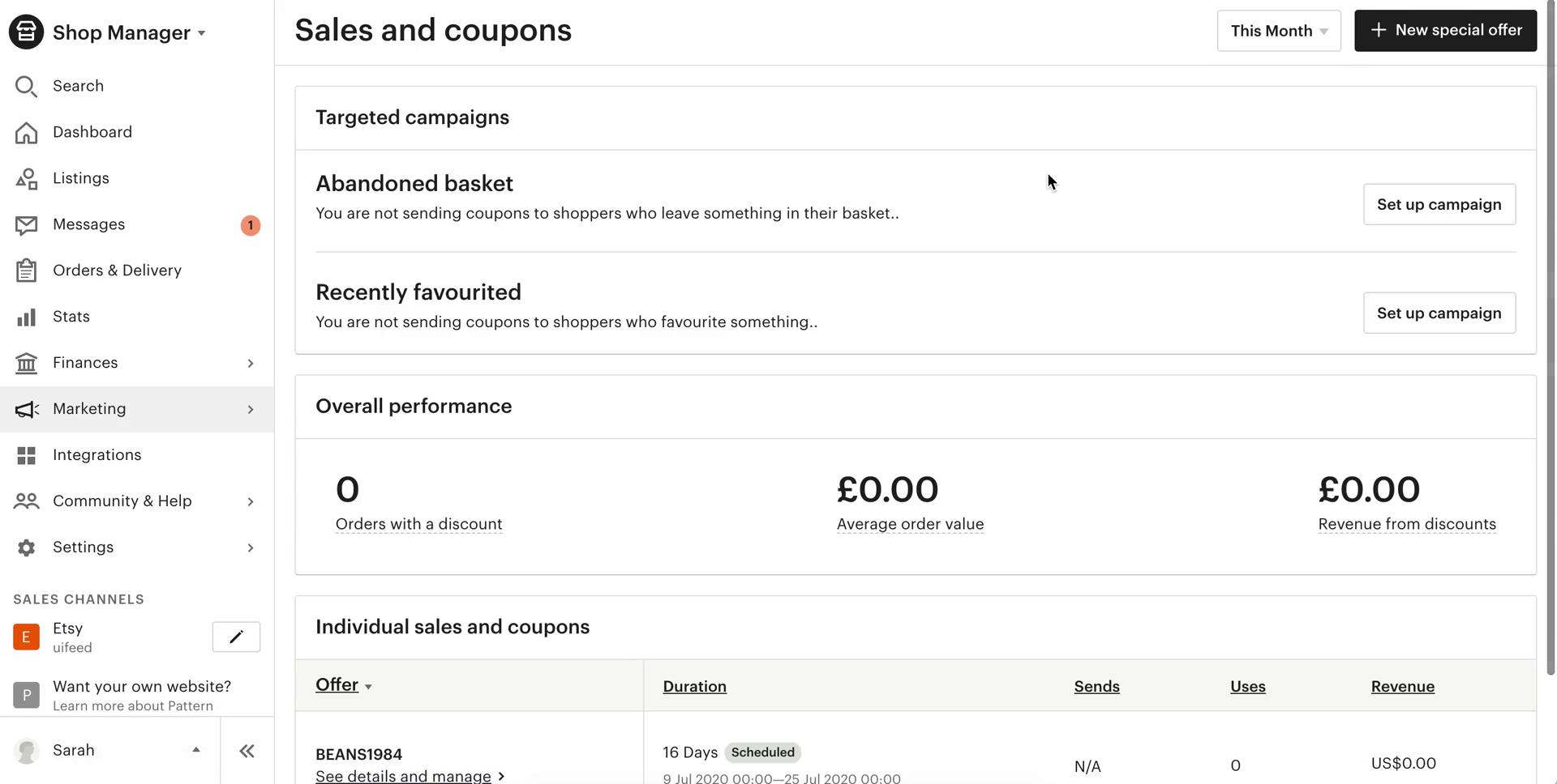 Creating a discount code screenshot